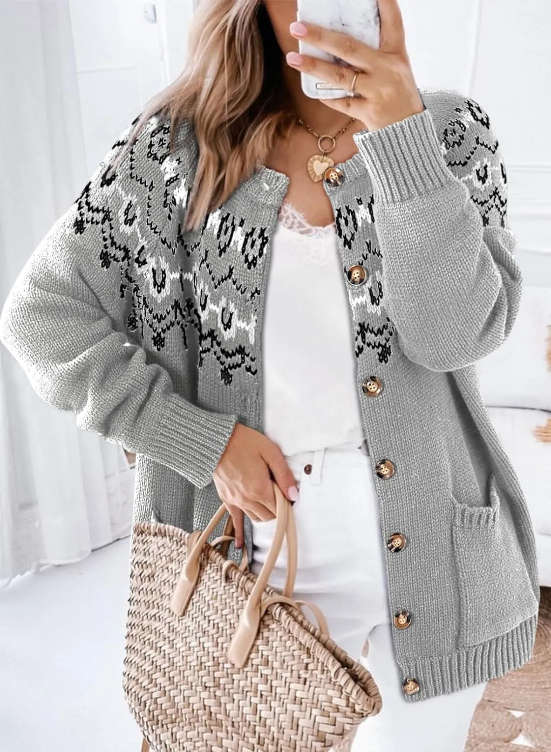 Dokotoo Womens Cardigans Casual Long Sleeve Chunky Knit Fall Winter Button Down Fair Isle Cardigan Sweaters