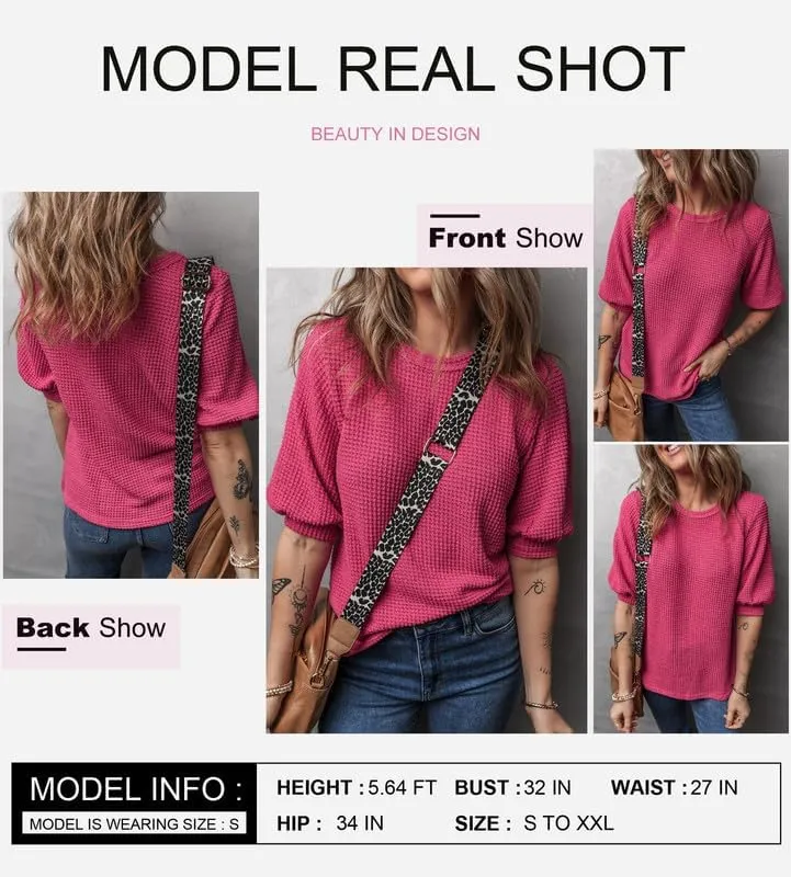 Dokotoo Womens Summer Tops 2025 Casual Crewneck Short Lantern Sleeve Blouse Waffle Knit Pullover Shirts