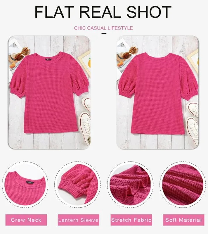 Dokotoo Womens Summer Tops 2025 Casual Crewneck Short Lantern Sleeve Blouse Waffle Knit Pullover Shirts