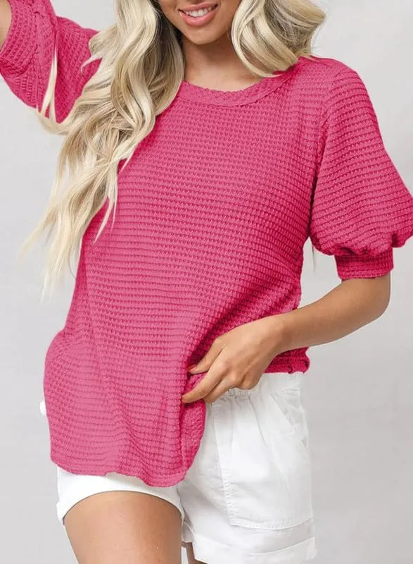 Dokotoo Womens Summer Tops 2025 Casual Crewneck Short Lantern Sleeve Blouse Waffle Knit Pullover Shirts