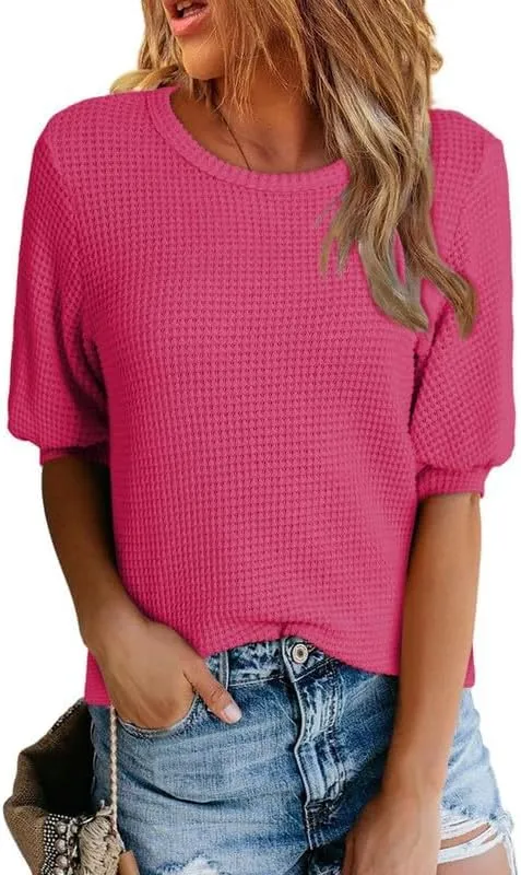 Dokotoo Womens Summer Tops 2025 Casual Crewneck Short Lantern Sleeve Blouse Waffle Knit Pullover Shirts
