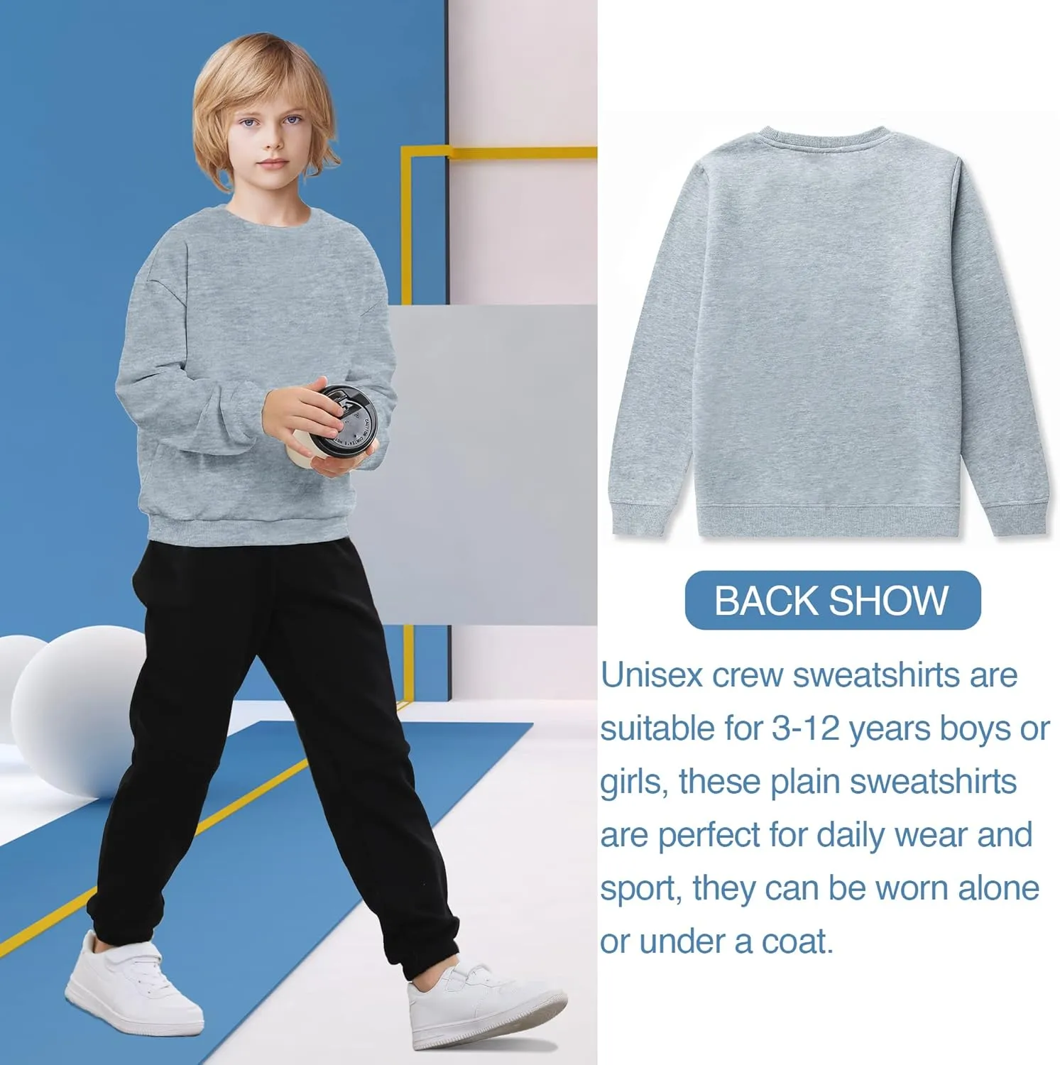 DOTDOG Unisex Youth Soft Brushed Fleece Basic Crewneck Pullover Sweatshirt for Boys or Girls (Age 3-12 Years)