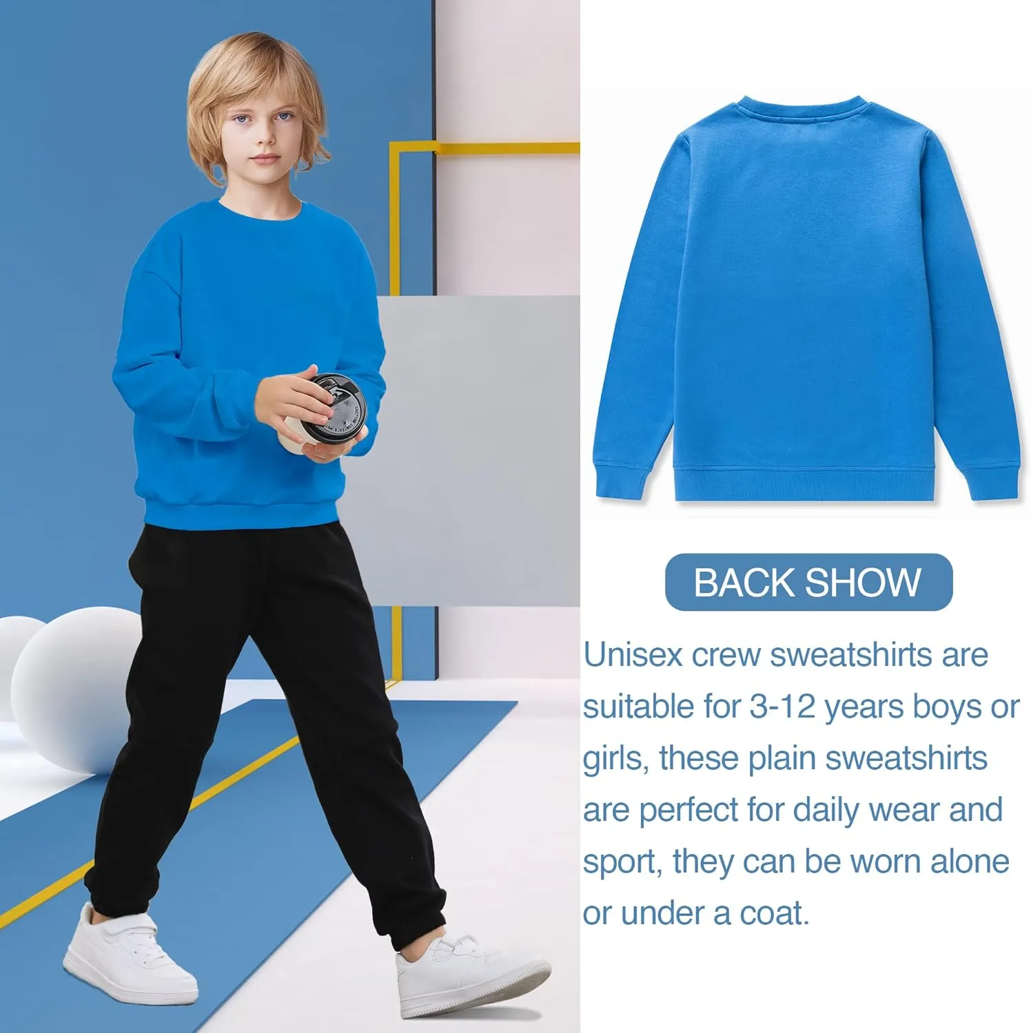DOTDOG Unisex Youth Soft Brushed Fleece Basic Crewneck Pullover Sweatshirt for Boys or Girls (Age 3-12 Years)