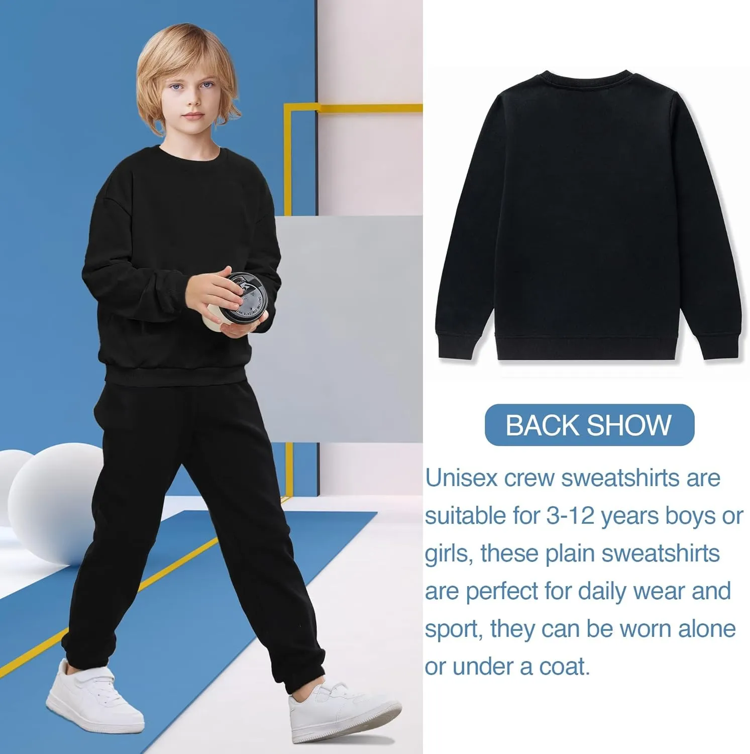 DOTDOG Unisex Youth Soft Brushed Fleece Basic Crewneck Pullover Sweatshirt for Boys or Girls (Age 3-12 Years)