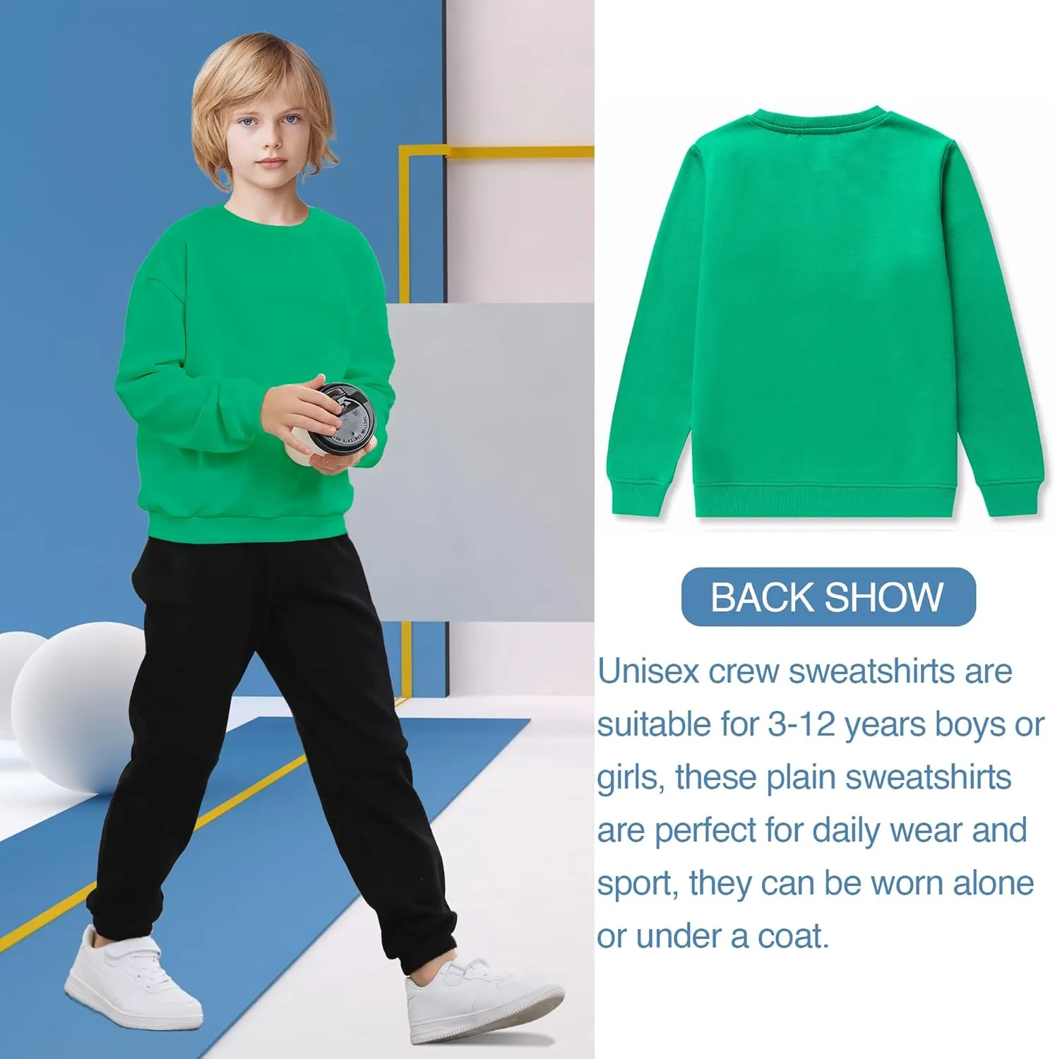 DOTDOG Unisex Youth Soft Brushed Fleece Basic Crewneck Pullover Sweatshirt for Boys or Girls (Age 3-12 Years)
