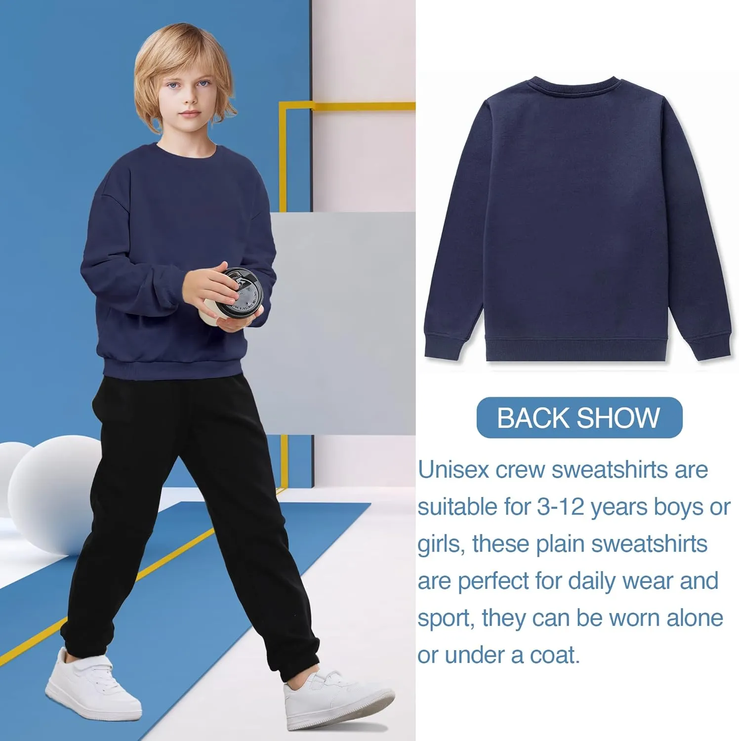 DOTDOG Unisex Youth Soft Brushed Fleece Basic Crewneck Pullover Sweatshirt for Boys or Girls (Age 7-8 Years)(navy, m)