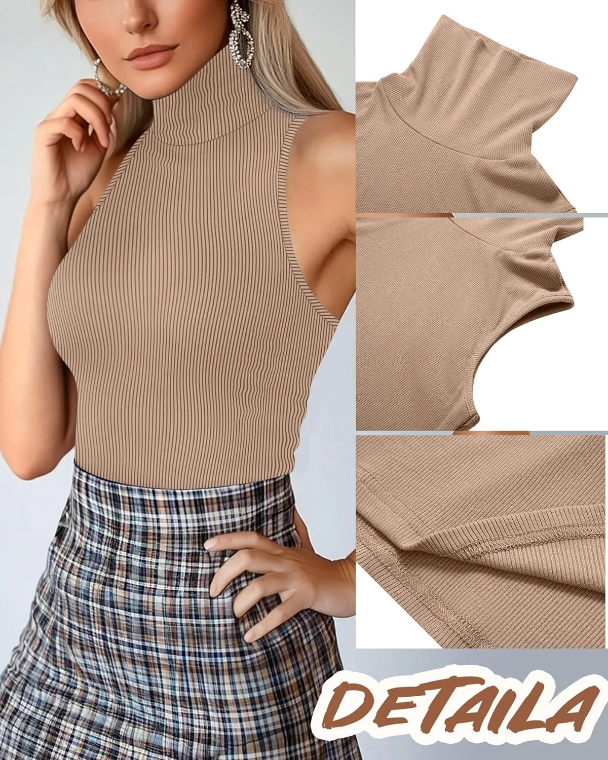 Ficerd 3 Pack Women's Sleeveless Mock Turtleneck Tank Tops Ribbed Knit Slim Fitted Stretchy Shirts Casual Layer Basic Tees