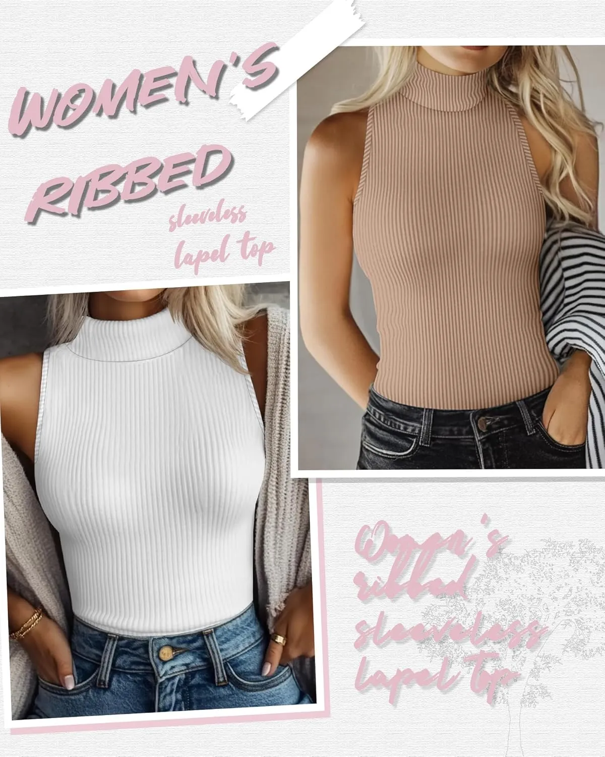 Ficerd 3 Pack Women's Sleeveless Mock Turtleneck Tank Tops Ribbed Knit Slim Fitted Stretchy Shirts Casual Layer Basic Tees