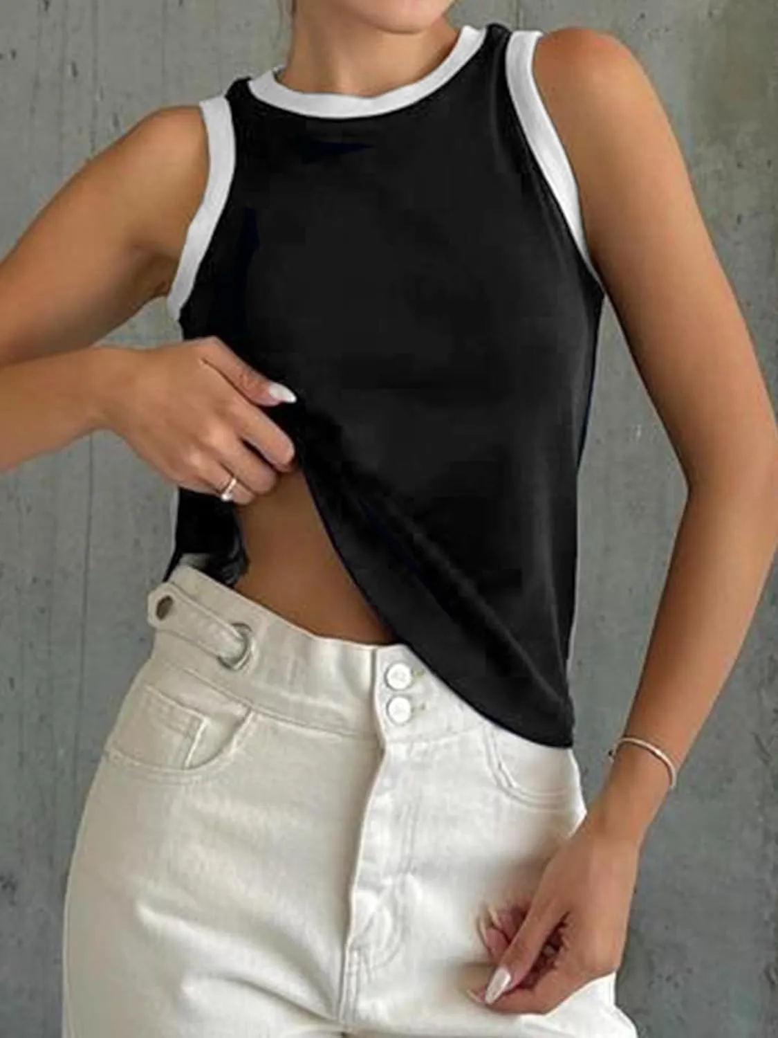 Fisoew Womens Summer Tank Tops Casual Slim Fit Sleeveless Color Block Crew Neck Workout Tees