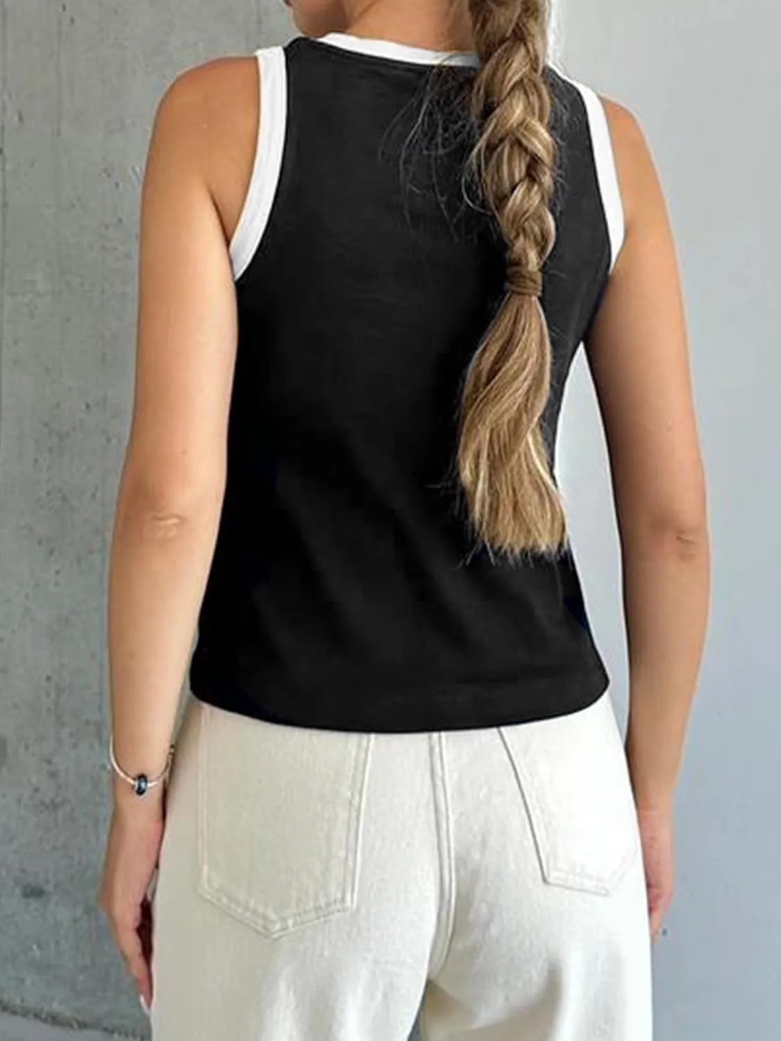 Fisoew Womens Summer Tank Tops Casual Slim Fit Sleeveless Color Block Crew Neck Workout Tees