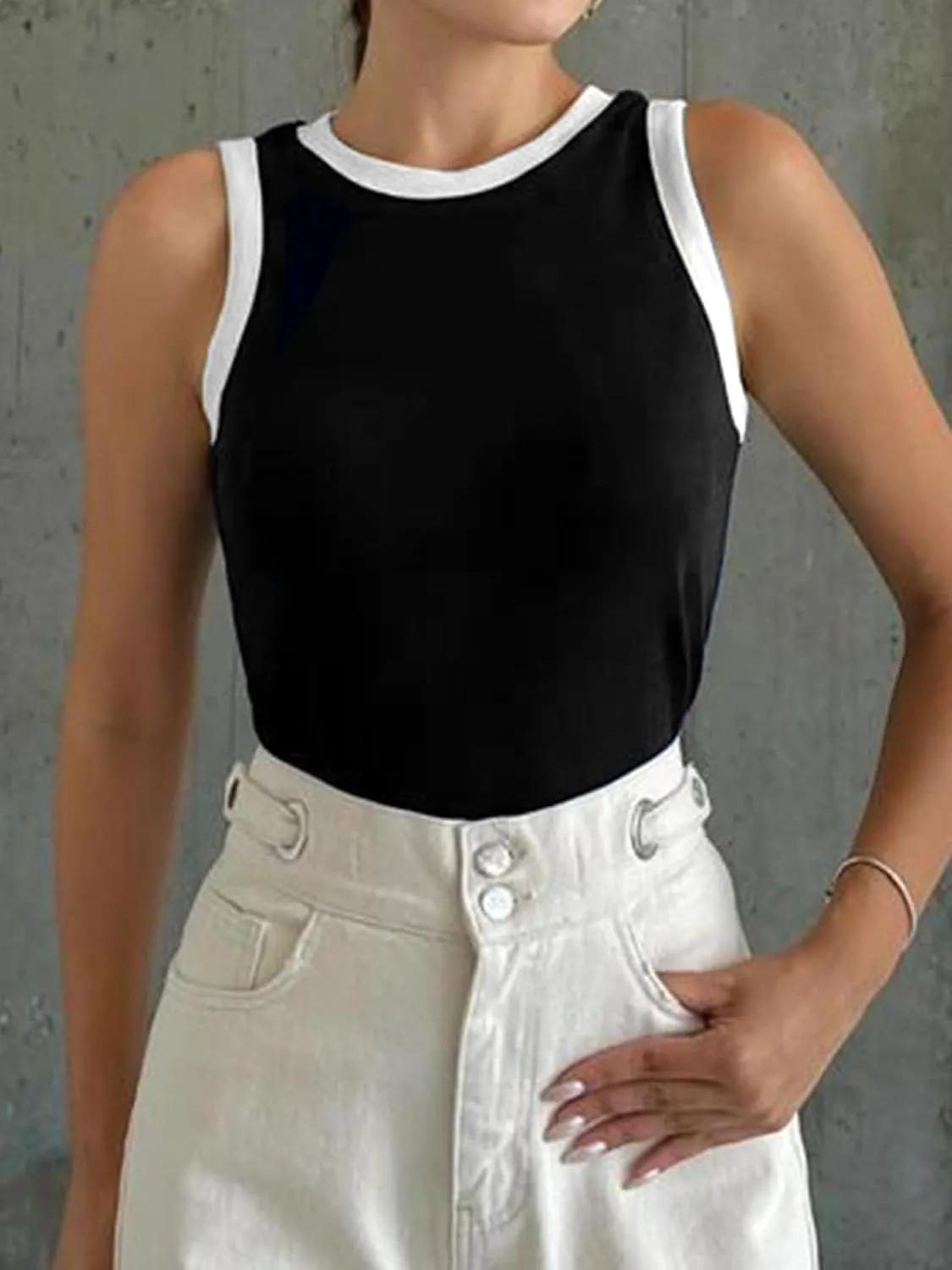 Fisoew Womens Summer Tank Tops Casual Slim Fit Sleeveless Color Block Crew Neck Workout Tees