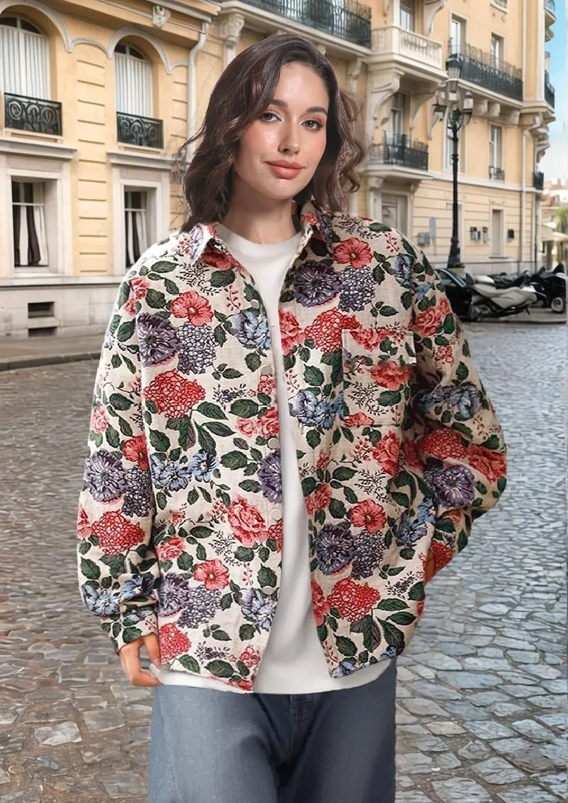 Floral Patterned Jacquard Casual Shacket Fancy Shirt Jacket Lapel Cute Trendy Funky Coat Spring Fall Fancy Tops