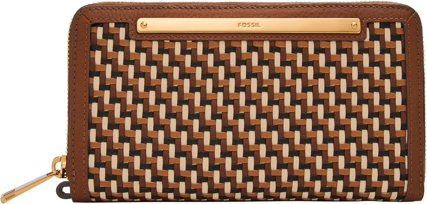 Fossil Women's Liza Faux Leather Zip Around Clutch Wallet with Wristlet Strap, Neutral Woven (Model: SL10042249)