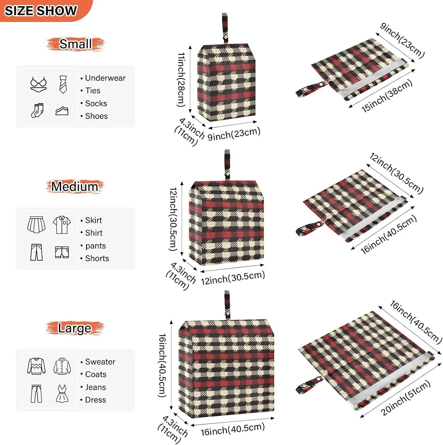 Garment Bag Closet Storage, Luggage Space Saver, Herringbone Houndstooth Checked Neutral Red, Waterproof, 3 Set Travel Packing Cubes For Suitcases,Organizadores De Maletas Para