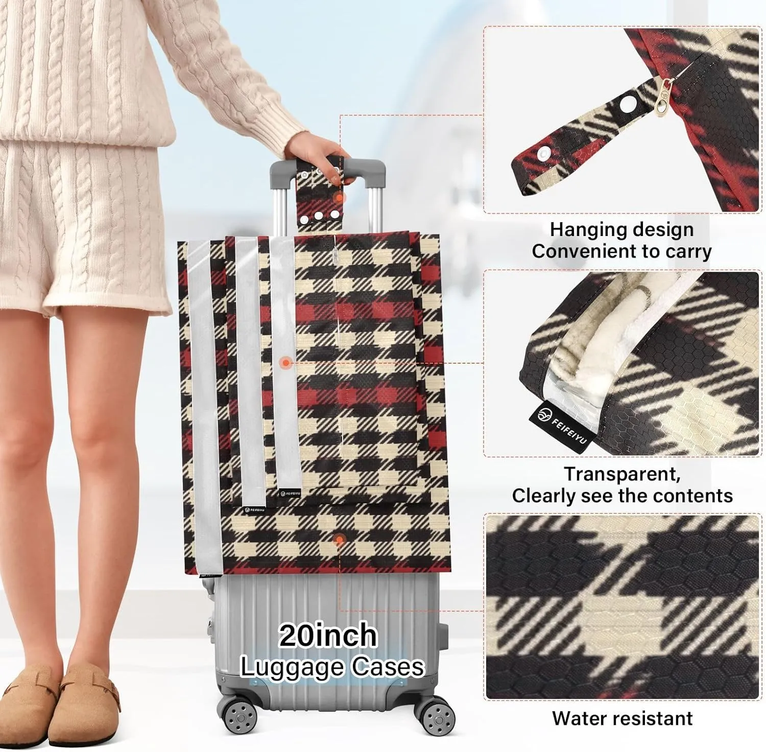 Garment Bag Closet Storage, Luggage Space Saver, Herringbone Houndstooth Checked Neutral Red, Waterproof, 3 Set Travel Packing Cubes For Suitcases,Organizadores De Maletas Para