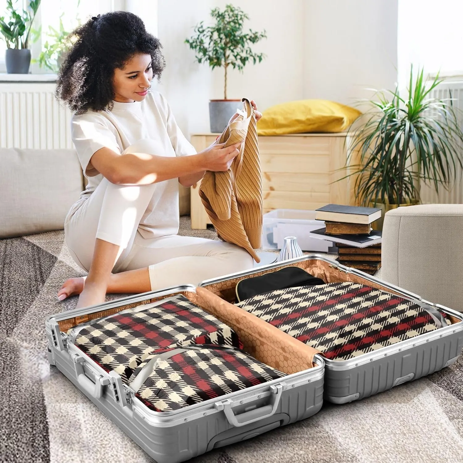Garment Bag Closet Storage, Luggage Space Saver, Herringbone Houndstooth Checked Neutral Red, Waterproof, 3 Set Travel Packing Cubes For Suitcases,Organizadores De Maletas Para