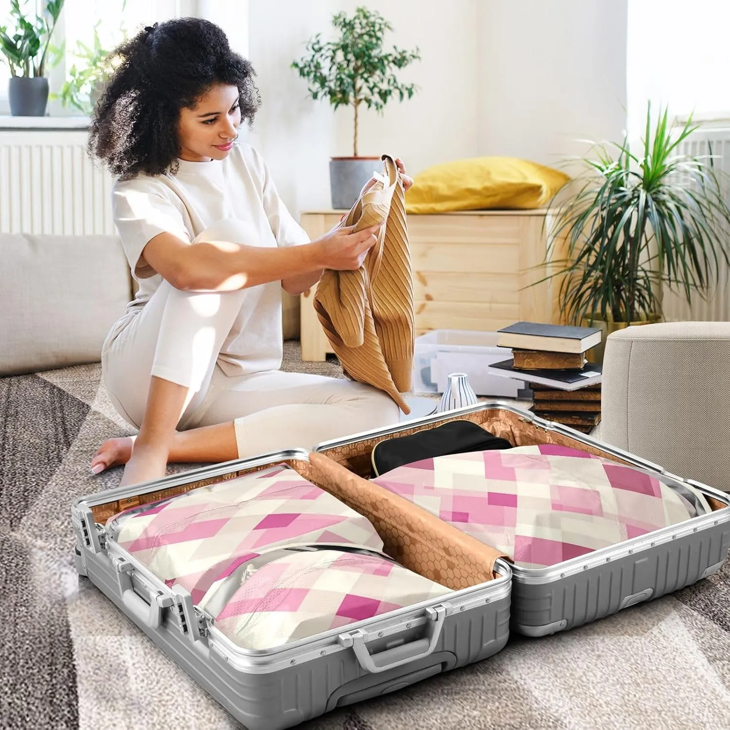 Garment Bag Closet Storage, Luggage Space Saver, Rhomboid Neutral Hot Pink, Waterproof, 3 Set Travel Packing Cubes For Suitcases,Organizadores De Maletas Para