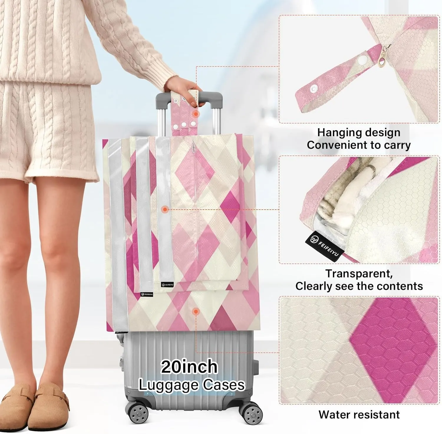 Garment Bag Closet Storage, Luggage Space Saver, Rhomboid Neutral Hot Pink, Waterproof, 3 Set Travel Packing Cubes For Suitcases,Organizadores De Maletas Para