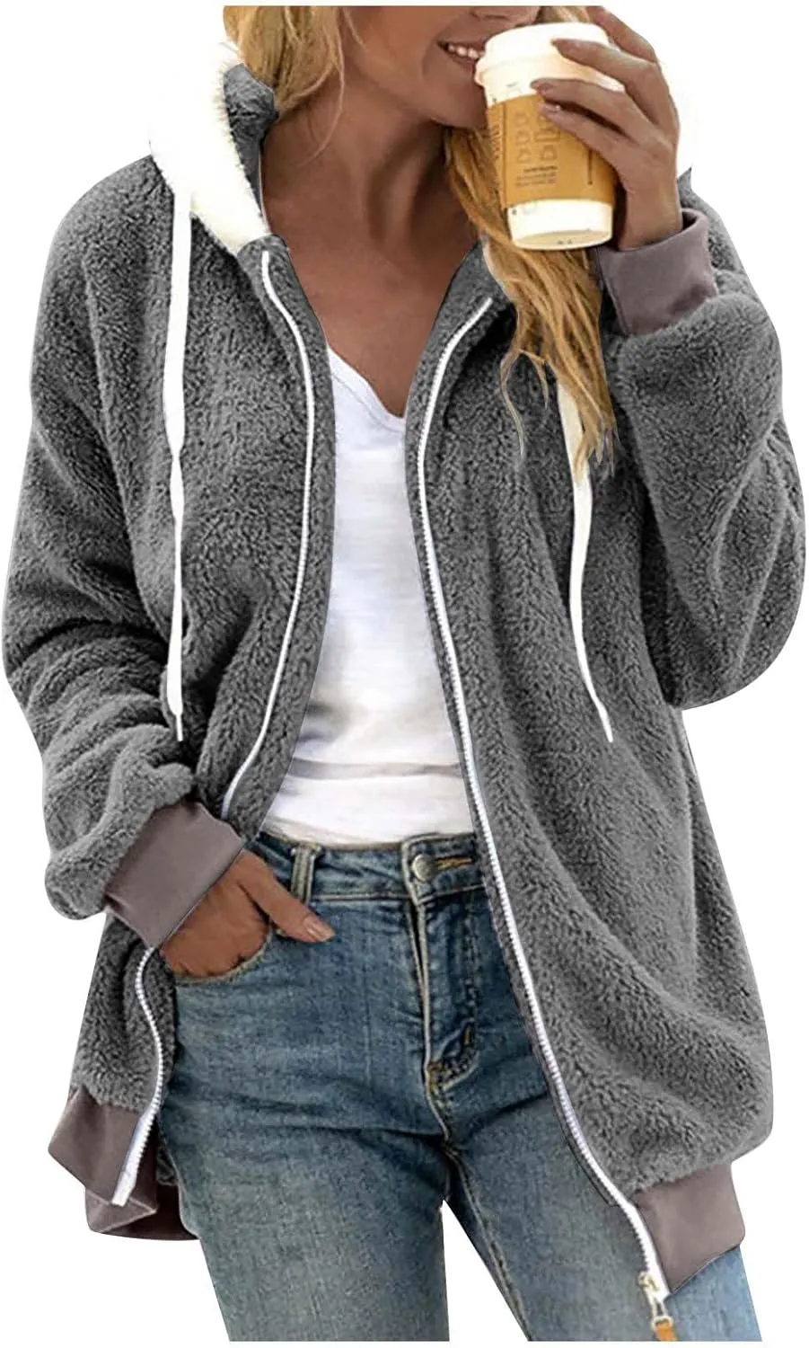 GOFULY Winter Coats For Women Oversized Sherpa Jackets Full Zip Fleece Cardigan Trendy Color Block Clothes With Pockets 2024
