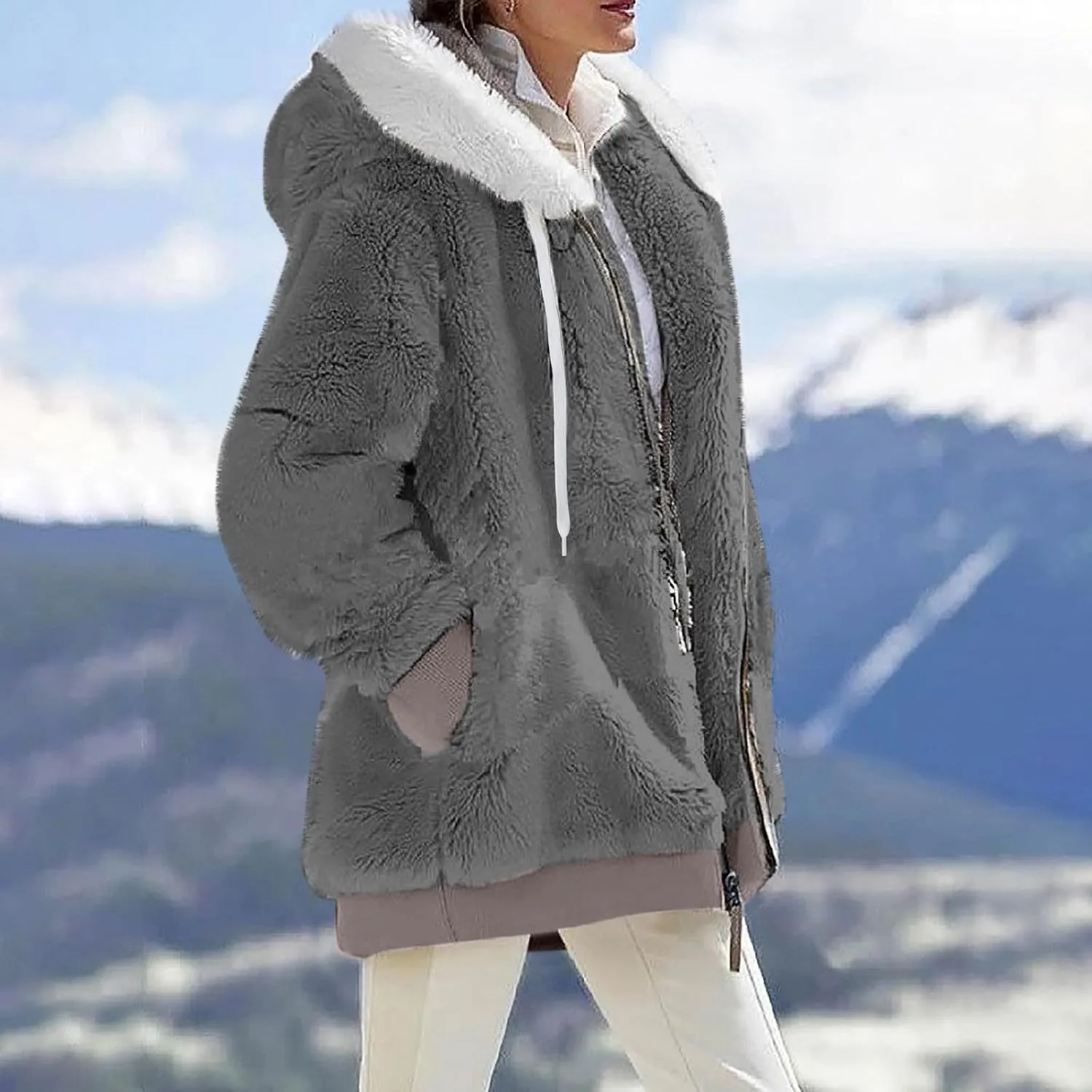 GOFULY Winter Coats For Women Oversized Sherpa Jackets Full Zip Fleece Cardigan Trendy Color Block Clothes With Pockets 2024
