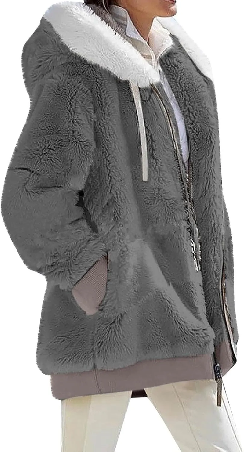 GOFULY Winter Coats For Women Oversized Sherpa Jackets Full Zip Fleece Cardigan Trendy Color Block Clothes With Pockets 2024