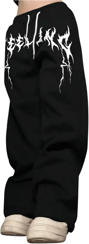 GORGLITTER Men's Graphic Baggy Sweatpants Wide Leg Y2K Drawstring Stacked Jogger Pants with Pockets