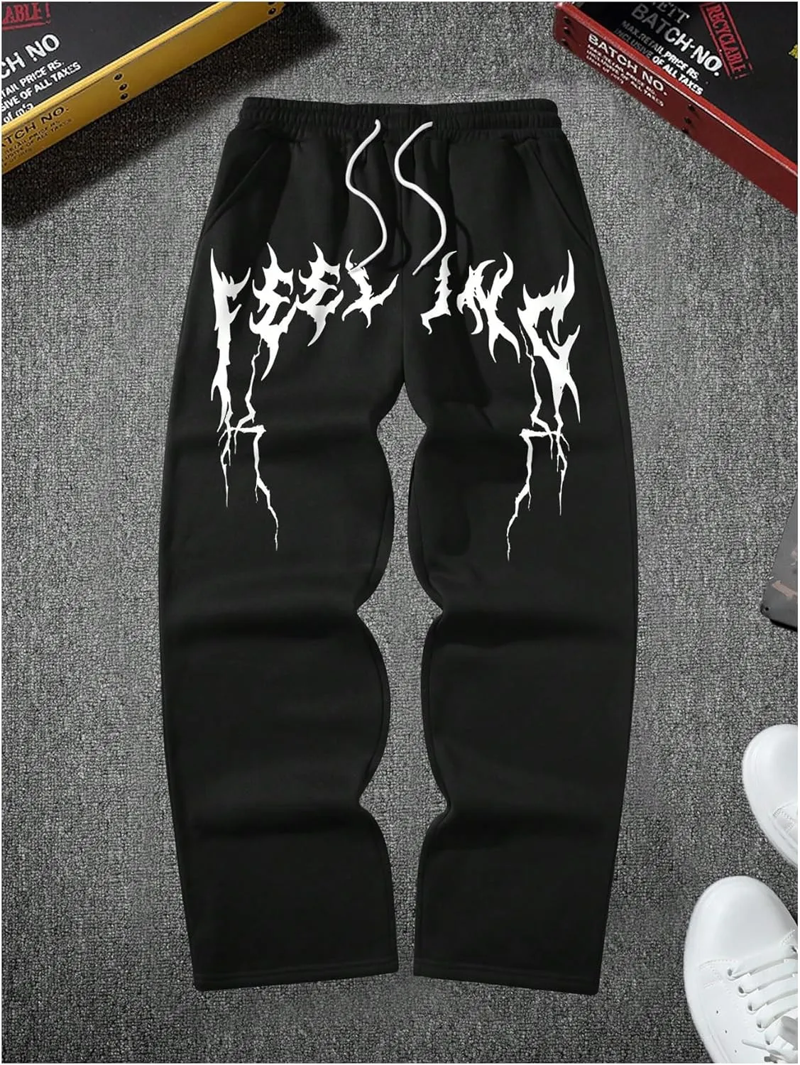 GORGLITTER Men's Graphic Baggy Sweatpants Wide Leg Y2K Drawstring Stacked Jogger Pants with Pockets