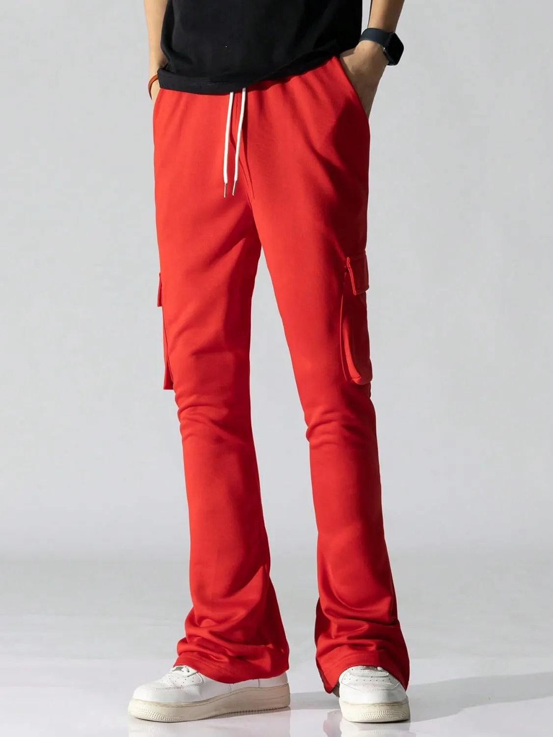 GORGLITTER Men's Stacked Wide Leg Cargo Pants Baggy Y2K Elastic Drawstring Trouser Street Pants