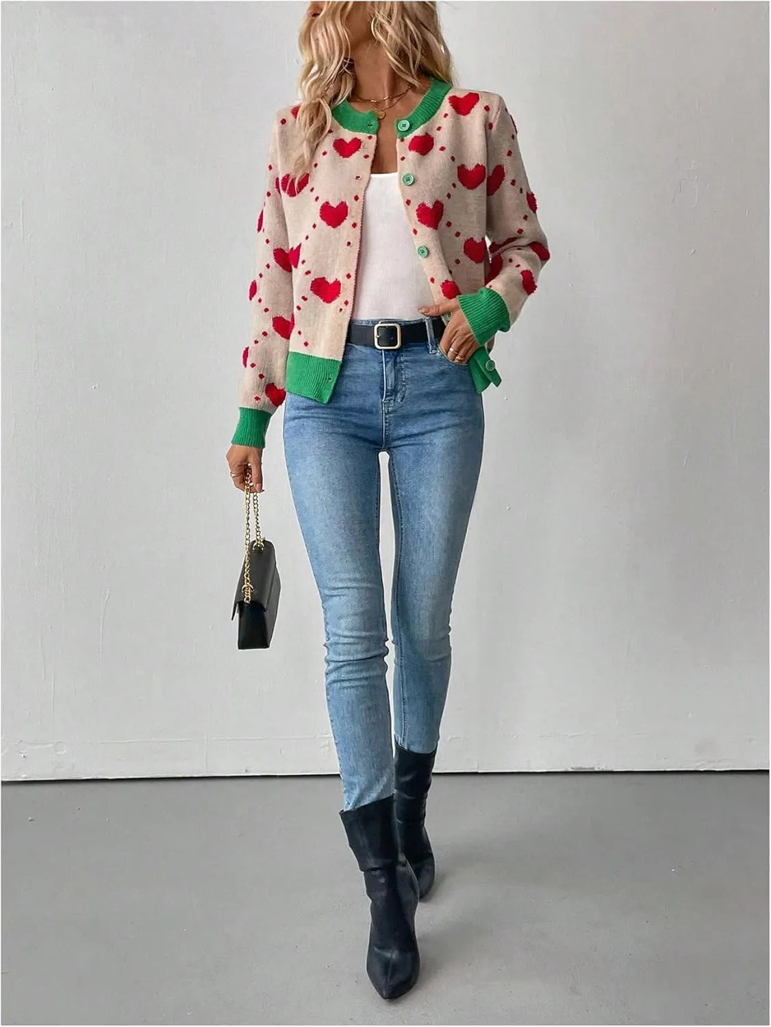 GORGLITTER Women's Heart Print Lightweight Cardigan Sweater Color Block Long Sleeve Button Light Weight Cardigans