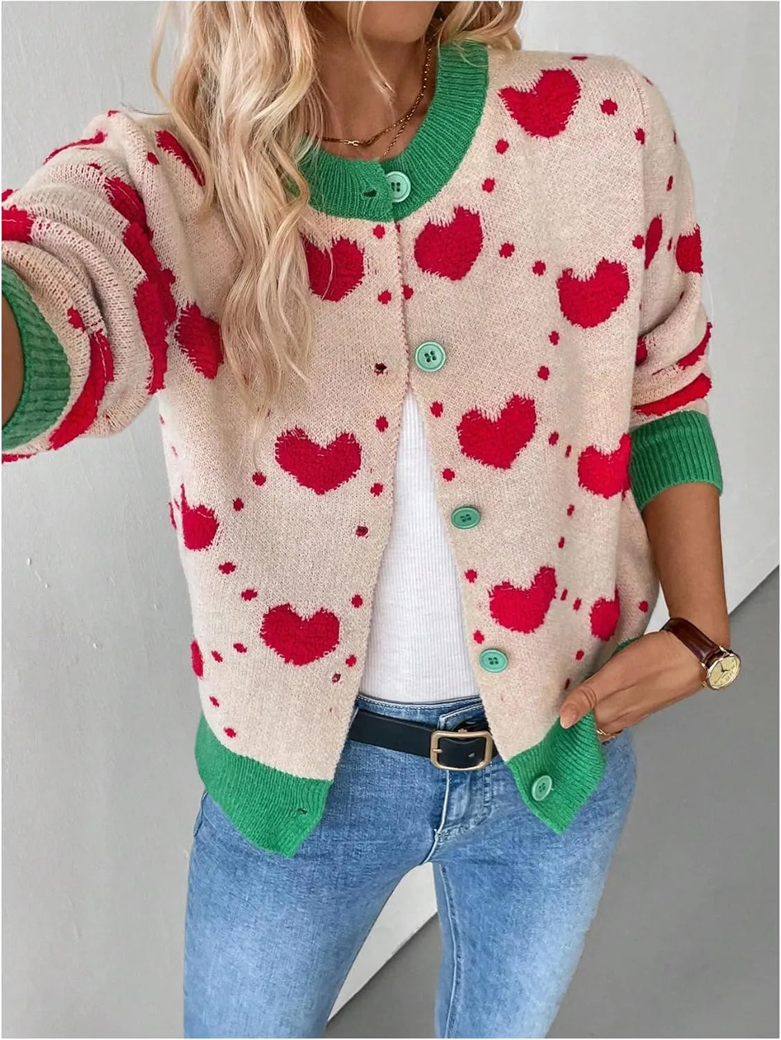 GORGLITTER Women's Heart Print Lightweight Cardigan Sweater Color Block Long Sleeve Button Light Weight Cardigans