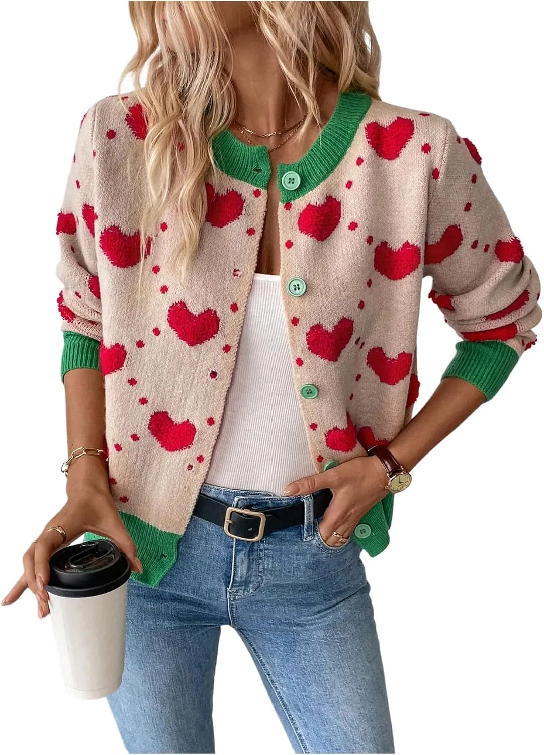 GORGLITTER Women's Heart Print Lightweight Cardigan Sweater Color Block Long Sleeve Button Light Weight Cardigans