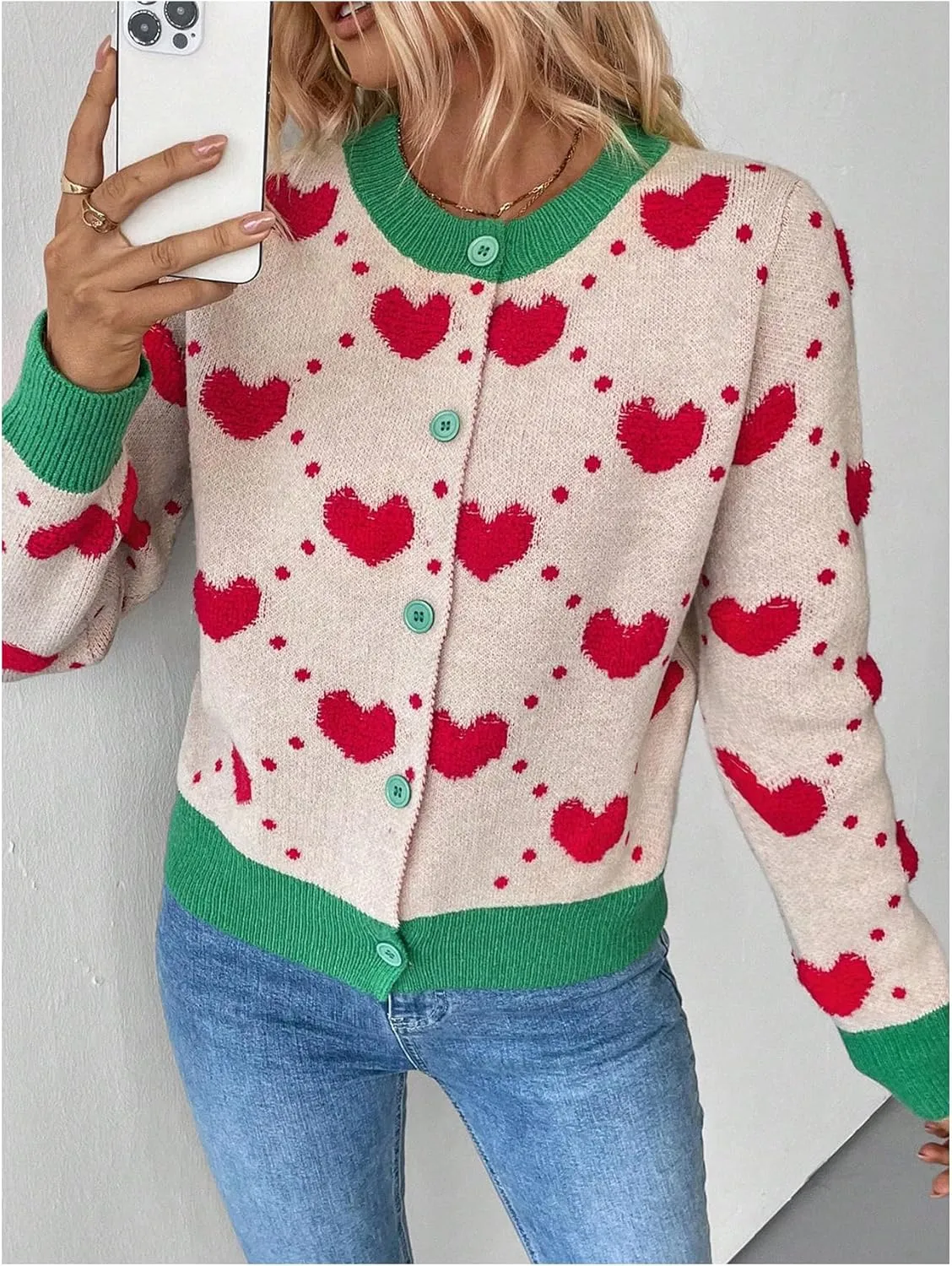 GORGLITTER Women's Heart Print Lightweight Cardigan Sweater Color Block Long Sleeve Button Light Weight Cardigans