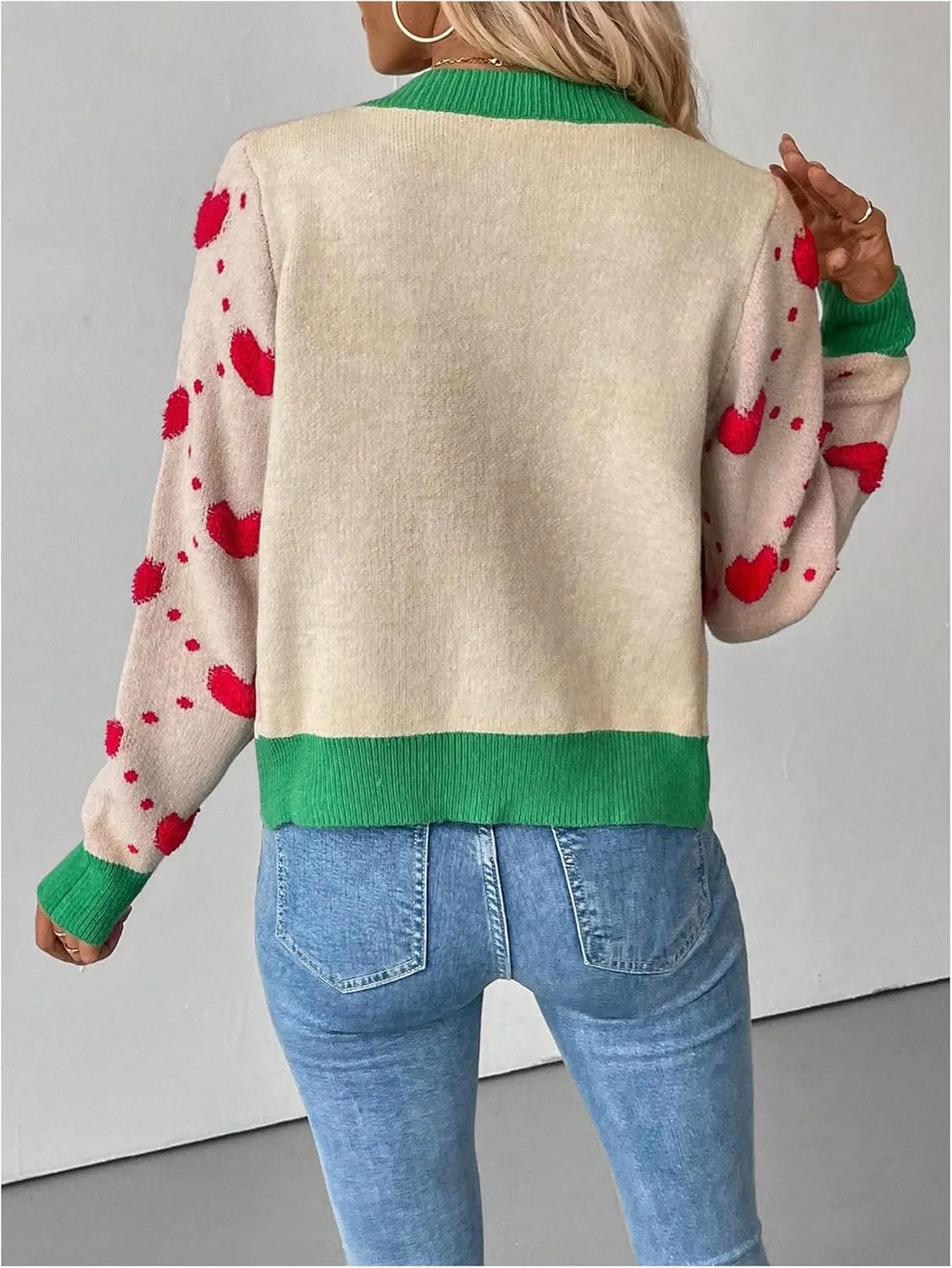 GORGLITTER Women's Heart Print Lightweight Cardigan Sweater Color Block Long Sleeve Button Light Weight Cardigans
