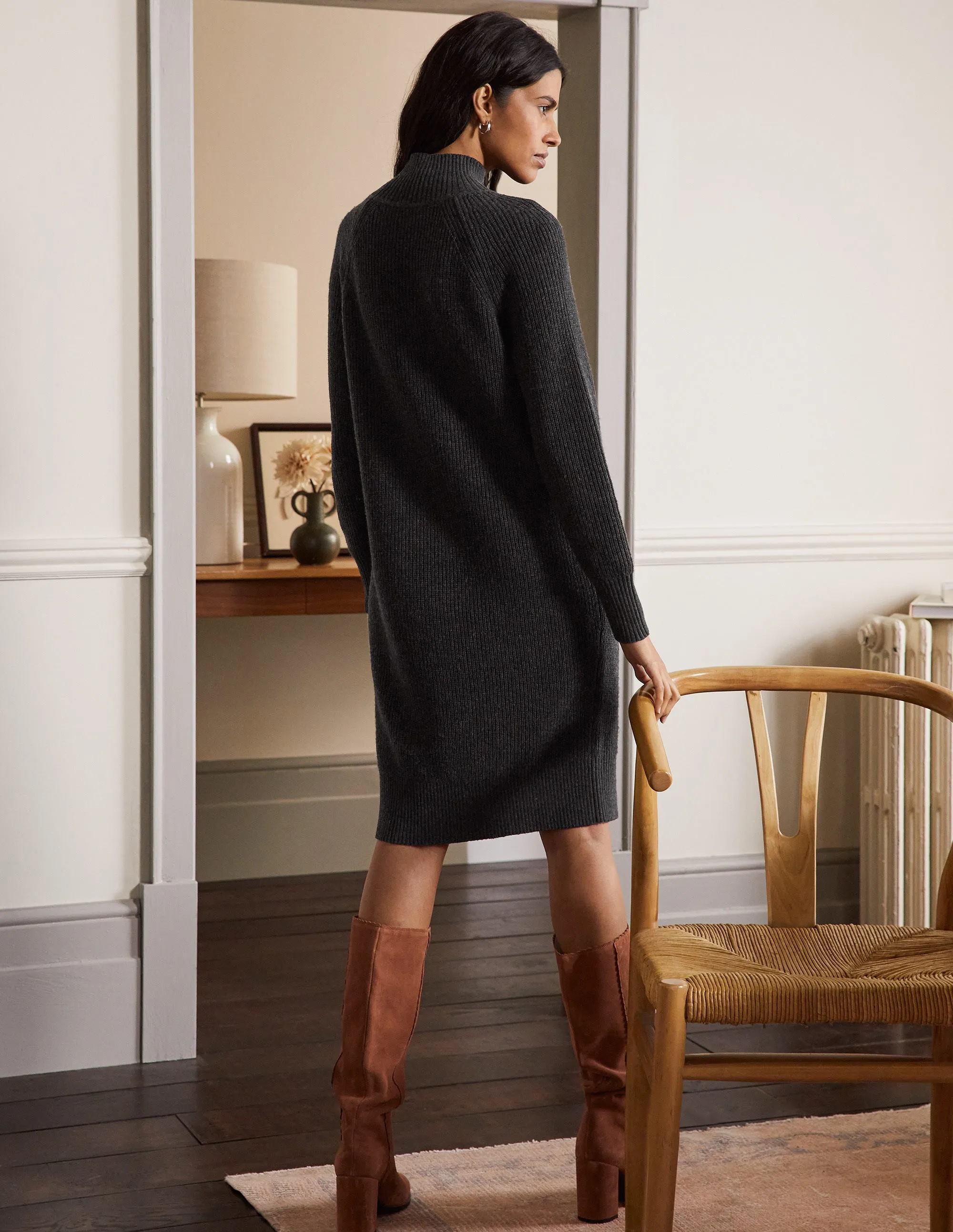 High Neck Knitted Dress-Charcoal Melange