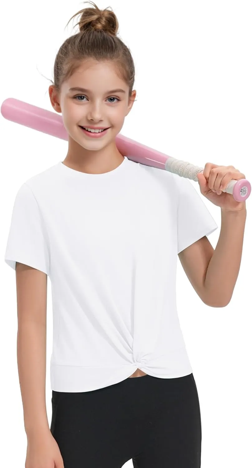 KEREDA Girls Athletic Shirts Tie Front Tops Summer Short Sleeve Quick Dry Active Tees T-Shirts for Kids Teens