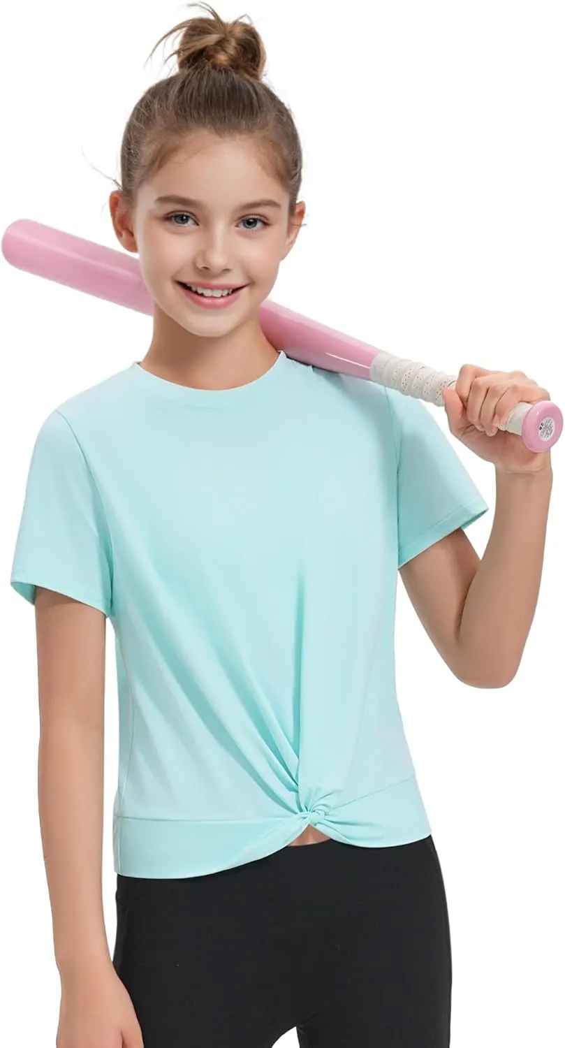 KEREDA Girls Athletic Shirts Tie Front Tops Summer Short Sleeve Quick Dry Active Tees T-Shirts for Kids Teens
