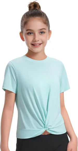 KEREDA Girls Athletic Shirts Tie Front Tops Summer Short Sleeve Quick Dry Active Tees T-Shirts for Kids Teens