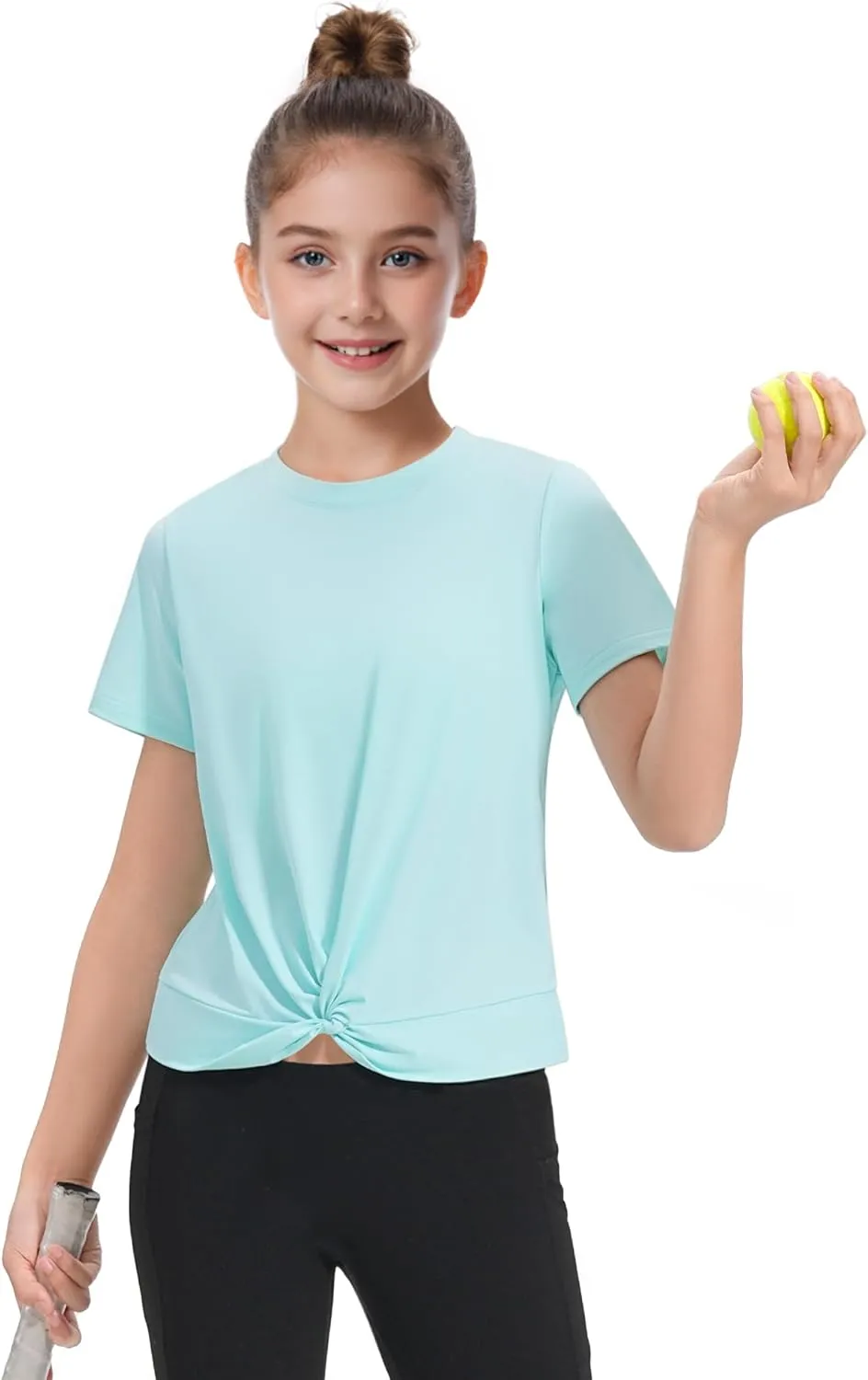 KEREDA Girls Athletic Shirts Tie Front Tops Summer Short Sleeve Quick Dry Active Tees T-Shirts for Kids Teens