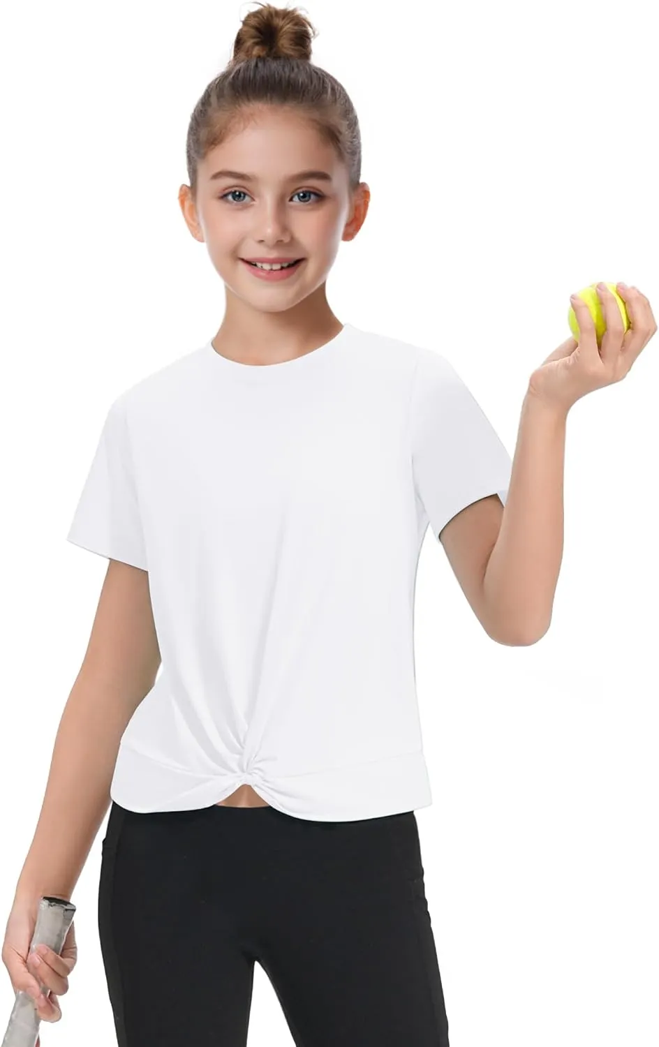 KEREDA Girls Athletic Shirts Tie Front Tops Summer Short Sleeve Quick Dry Active Tees T-Shirts for Kids Teens