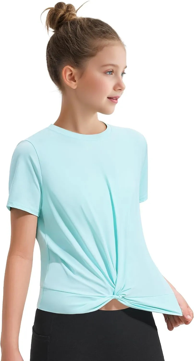 KEREDA Girls Athletic Shirts Tie Front Tops Summer Short Sleeve Quick Dry Active Tees T-Shirts for Kids Teens