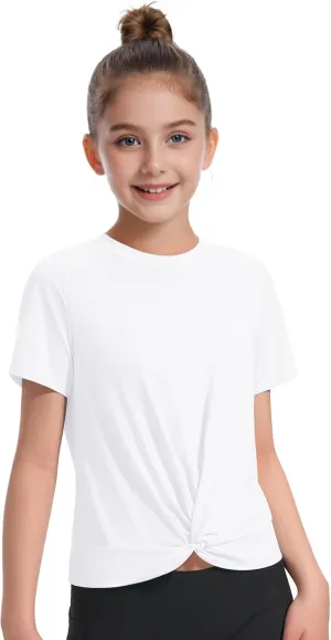 KEREDA Girls Athletic Shirts Tie Front Tops Summer Short Sleeve Quick Dry Active Tees T-Shirts for Kids Teens