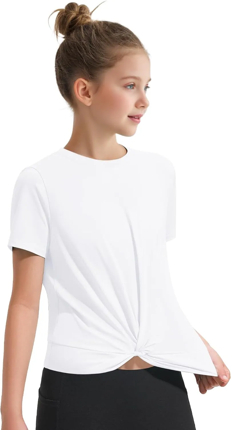 KEREDA Girls Athletic Shirts Tie Front Tops Summer Short Sleeve Quick Dry Active Tees T-Shirts for Kids Teens