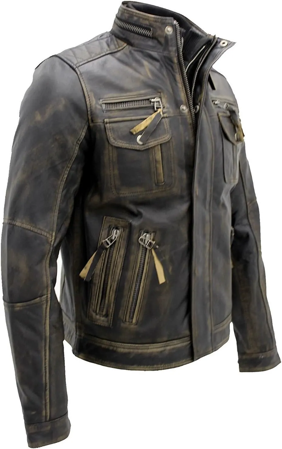 Lambskin Leather Jacket for Men - Vintage Distressed Brown Biker Coat