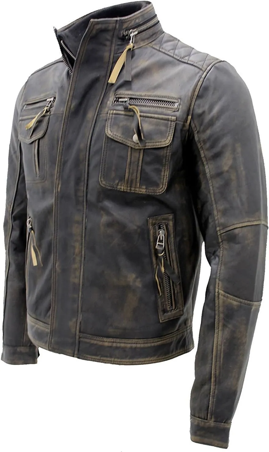 Lambskin Leather Jacket for Men - Vintage Distressed Brown Biker Coat