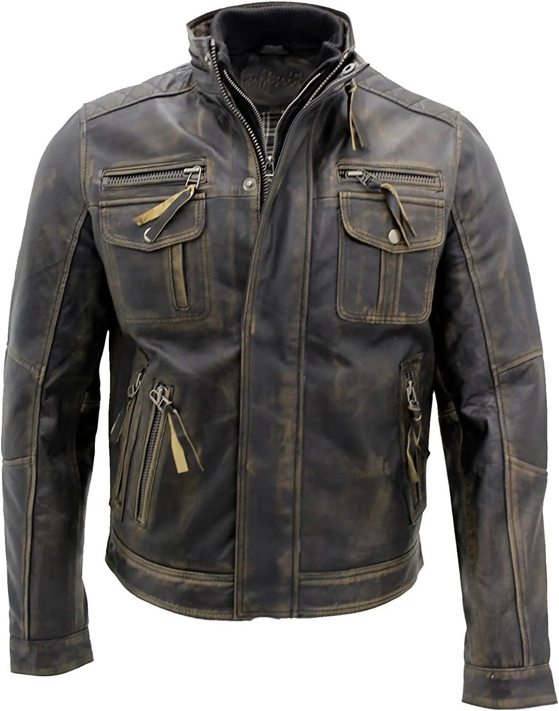 Lambskin Leather Jacket for Men - Vintage Distressed Brown Biker Coat
