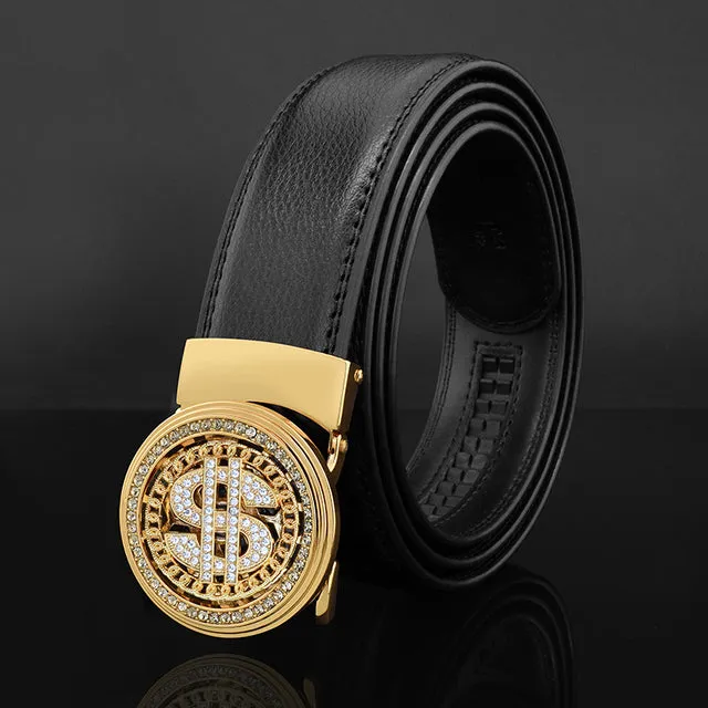 Luxury Genuine Leather Rhinestone Metal Rotatable Men Belt