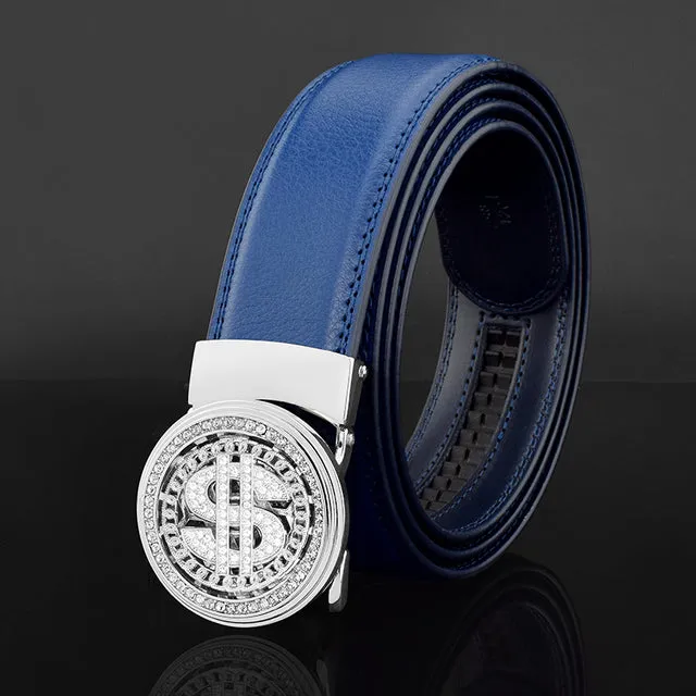 Luxury Genuine Leather Rhinestone Metal Rotatable Men Belt