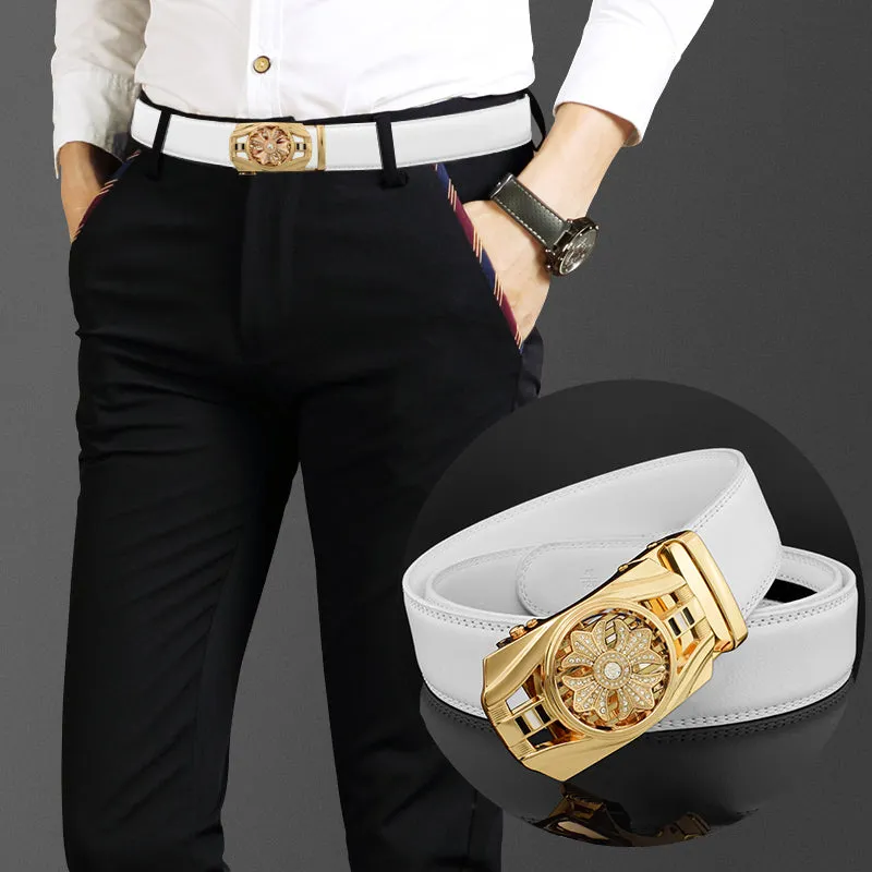 Luxury Genuine Leather Rhinestone Metal Rotatable Men Belt