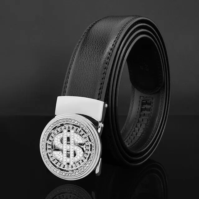 Luxury Genuine Leather Rhinestone Metal Rotatable Men Belt