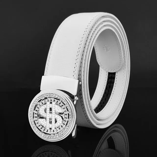 Luxury Genuine Leather Rhinestone Metal Rotatable Men Belt